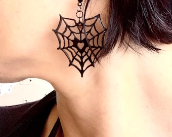 Spider web earrings, Spider web heart earrings, Black heart Gothic jewelry, Halloween jewelry gift, Spider Cobweb black earrings gift