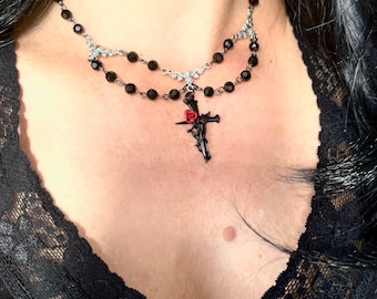 Gothic necklace choker for women, Gothic bridal necklace, Black necklace beaded, Cross charm jewelry, Rose on Cross necklace, Gift for her