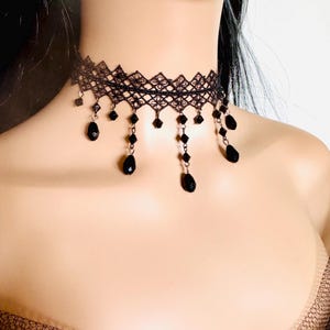 Gothic Black Lace Choker: Teardrop Bead Victorian Necklace