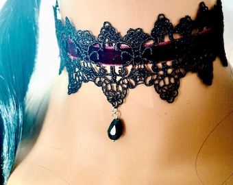 Lace choker black necklace, Wide black choker, Wedding jewelry gothic style, Black lace collar, Choker thick lace, Black lace choker bridal