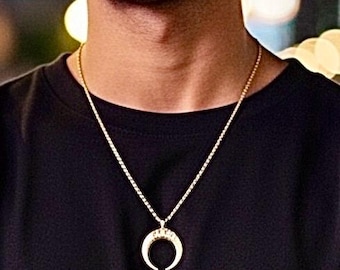 Gothic Crescent Moon necklace, Horn pendant necklace, Silver Boho amulet, Men’s necklace gift, Stainless Steel chain