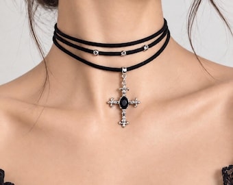 Gothic Necklace Black Choker, Cross Necklace, Handmade Original Jewelry, Plus size available