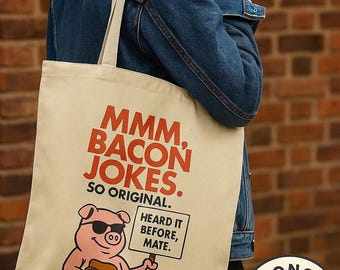 "Vegane Tragetasche - ""Mmm, Bacon Jokes"" Schwein Design - Sarkastische Öko-Baumwolle Tasche - Wiederverwendbares nachhaltiges Geschenk für Veganer & Vegetarier."
