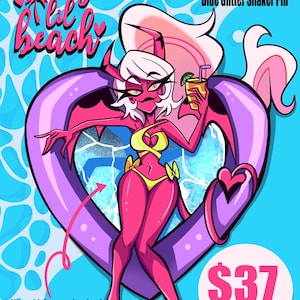 May include: A vibrant pin featuring a pink cartoon character in a yellow bikini, holding a cocktail. The pin is 3.5 inches, with black nickel hard enamel and blue glitter shaker elements. Text includes "Salty Lil Beach" and "Preorder".