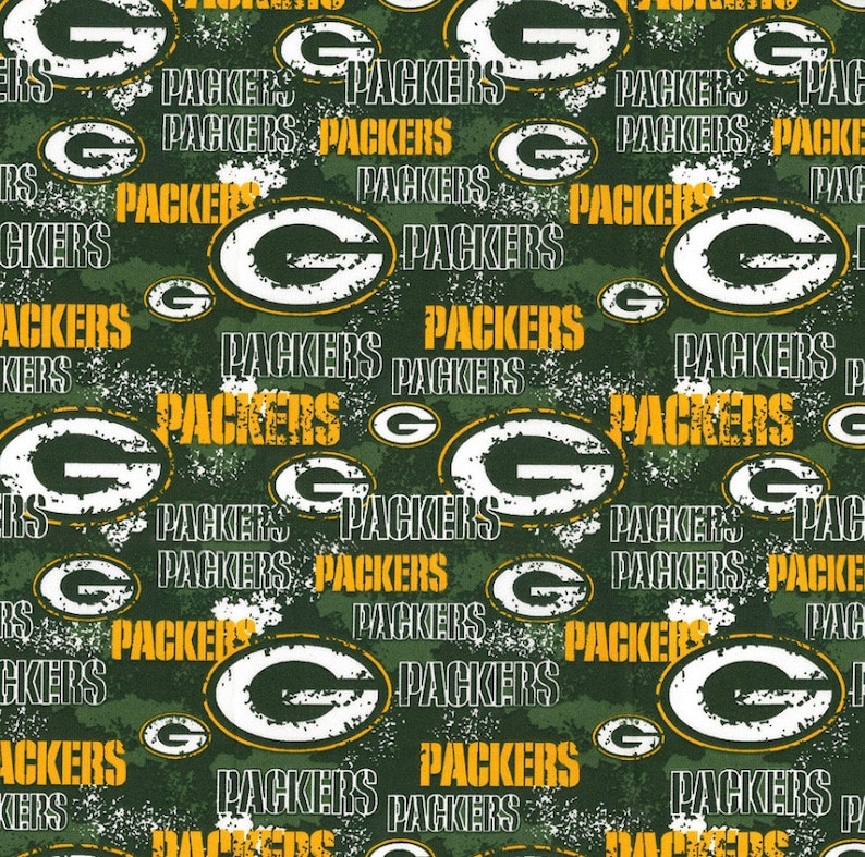 May include: Green and white distressed pattern with the words "Packers" repeated throughout. The pattern also includes a green and white logo with a "G" inside a circle.