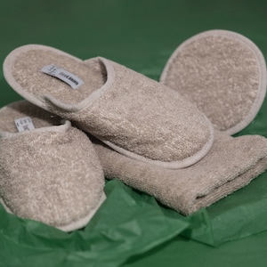 Linen Bath and Spa Set - 100% Linen. Natural Linen Bath Gift Set. Linen Slippers, Towel and Bath Sponge