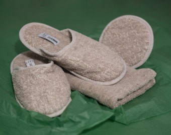 Linen Bath and Spa Set - 100% Linen. Natural Linen Bath Gift Set. Linen Slippers, Towel and Bath Sponge