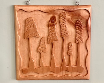 Mushroom Wall Hanging- Boho Style, Retro Inspired Decor,  Relief Carved Wood