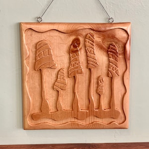 Mushroom Wall Hanging- Boho Style, Retro Inspired Decor,  Relief Carved Wood