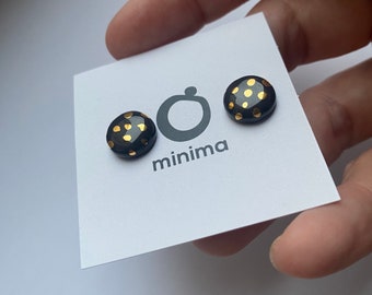 Black porcelain earrings with gold dots, stainless steel back