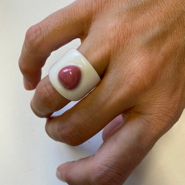 White porcelain ring with red heart