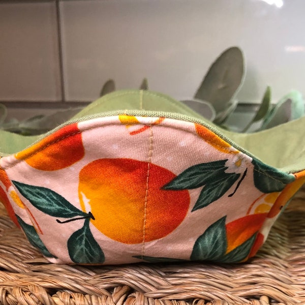 Bowl Cozy Microwaveable, Orange pattern fabric. Citrus Kitchen- house warming gift. Florida vibes. Soup bowl. Orange blossom. Trivet.