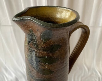 70s Floral Signed Studio Pottery Pitcher