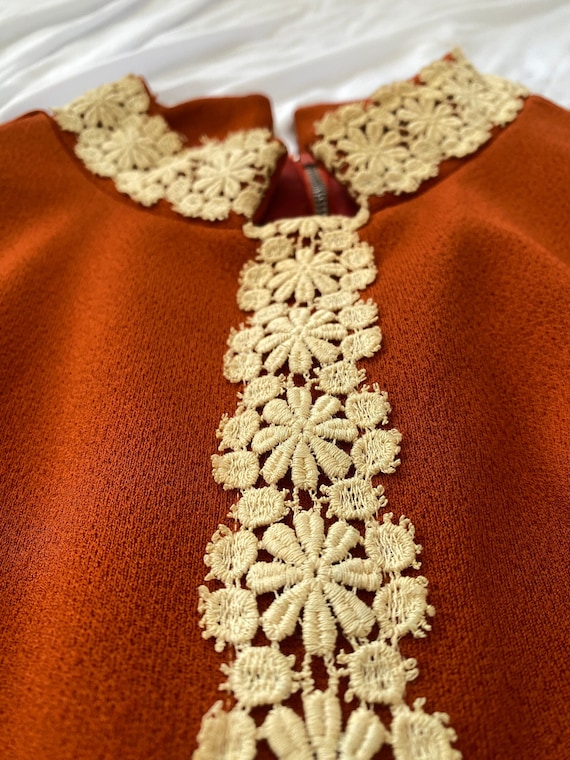 Late 60s Orange High Collar Lace Dress