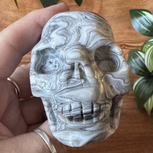 Könnte beinhalten: Eine geschnitzte Totenkopf-Figur mit einem Wirbelmuster aus Grau und Weiß. Der Schädel hat detaillierte Merkmale, darunter Augenhöhlen, eine Nasenhöhle und einen definierten Kiefer. Die Figur wird in einer Hand gehalten, mit einem unscharfen Hintergrund.