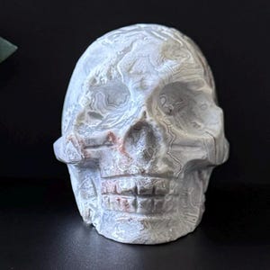 Könnte beinhalten: Eine geschnitzte Totenkopf-Figur aus grauem und weißem Stein mit rotbraunen Akzenten. Der Schädel hat detaillierte Merkmale, einschließlich Augenhöhlen, einer Nasenhöhle und Zähnen. Der Stein hat ein marmoriertes Aussehen.