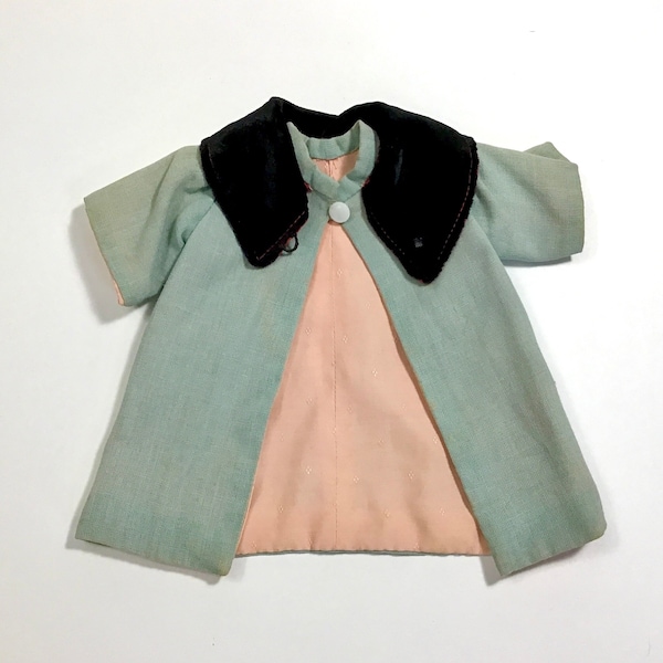 Vintage 1950s Handmade Doll's Swing Coat - MCM Light Blue Doll Coat w/ Black Plush Collar & Pink Lining, Retro Fashion, Pastel Doll Clothes