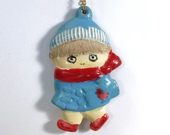 Vintage Hand Painted Plaster Ornament - Cute Big Eyed Caffeinated Boy in Winter Hat Scarf Coat w/ Present & Candy Cane, South Parkesque