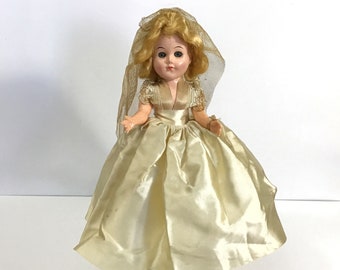 1950s PMA Bride Doll, Vintage 11" Blonde Bride Doll, Ivory Satin Bridal Gown, Tulle Wedding Veil & Flower Bouquet, Collectible Wedding Dolls