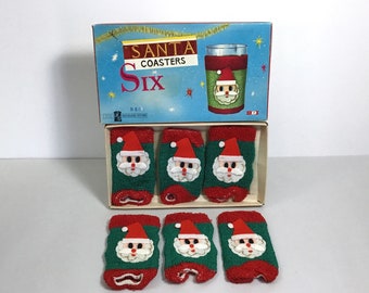Vintage MCM Santa Coasters Dan-Dee Imports - Set of 6 Santa Cup Cozies in Original Box - 1960s Retro Christmas Party Decor