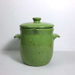 Vintage Homemade Ceramic Storage Jar with Handles & Lid - Small Green Jar w/ Orange, Yellow and Gold Speckled Splatter Glaze