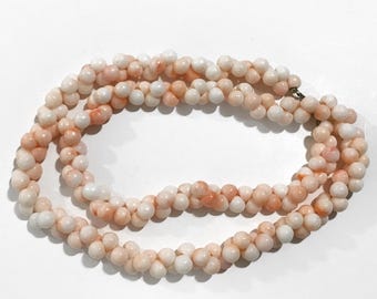 Vintage Candy-Colored Chunky Bead Necklace - Pastel Peach, Pale Pink & White Round Braided Bead Necklace - Colorful Fun Costume Jewelry