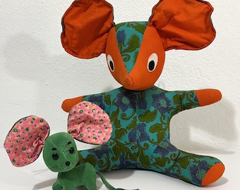 Midcentury Stuffed Animals - Large Cloth Mouse w/ Orange Ears, Blue Green Floral Print & Small Plush Mouse, Dakin Dream Pet Japan, Mod 1960s