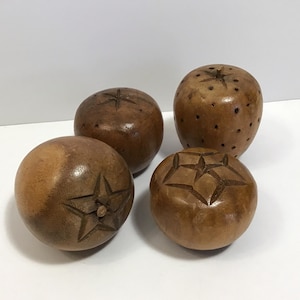 Vintage Wood Fruit - Set of 4 Monkeypod Tree Hand-Carved Wood Sculptures, Mid-Century Kitsch Souvenirs, Fun Wood Decor, Kitchen Dining Decor