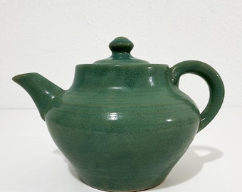 Vintage Zanesville Pottery Stoneware Teapot - No. D-13 Seacrest Green - Ribbed Body w/ Soft Blue-Green Glaze - Rustic Kitchen, Coastal Decor