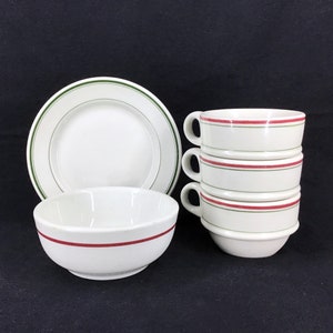 5 Pieces of Wellsville China Restaurant Ware, c.1950s - Red Green White Coffee Cups, Bowl, & Plate - Retro Kitchenware, Christmas China