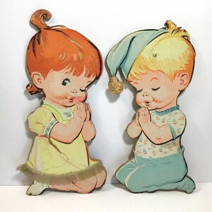 Vintage Praying Girl & Boy Wall Art, Dolly Toy Co. - Cute Kids Nursery Decor Religious Wall Hanging - Winking Eye Ginger Girl, 70s Kitsch