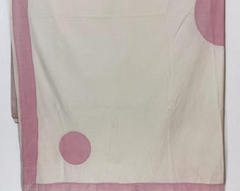 White Tablecloth w/ Rose Pink Applique Circles and Border - Vintage 6 x 5’ Rectangular Tablecloth - Mid-Century Geometric Textiles