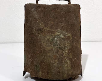 Antique Cowbell - Large Iron Cowbell w/ Handle & Clapper - Timeworn Weathered Rusted Pitted Texture - Primitive Rustic Folk Art Sculpture