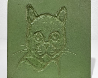 Vintage Ceramic Art Tile - Incised Line Drawing of a Cat on Green Matte Glazed Tile - Small Whimsical Cat Portrait Pottery