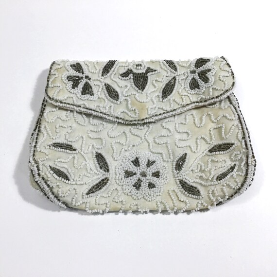 Vintage Beaded Clutch Purse - MCM White & Gray Se… - image 8