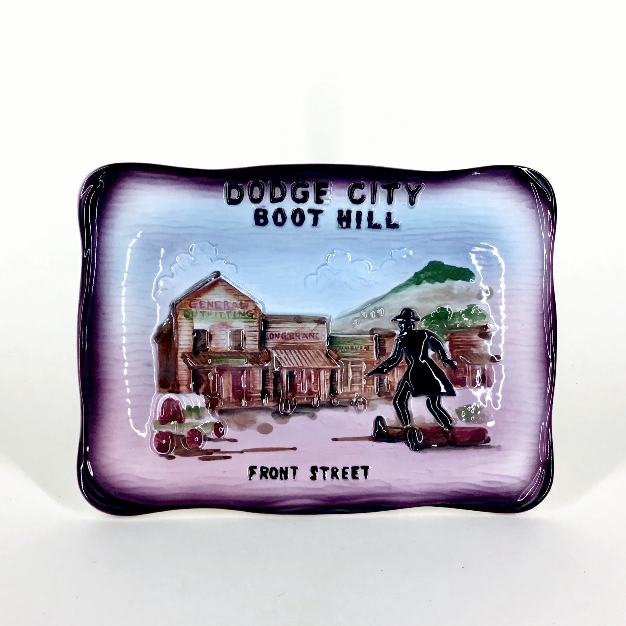 Vintage Front Street Boot Hill Dodge City Ceramic Souvenir Wall Plate  Shoot-em-up Jake, Long Branch Saloon, Kansas Kitsch Travel Souvenir 