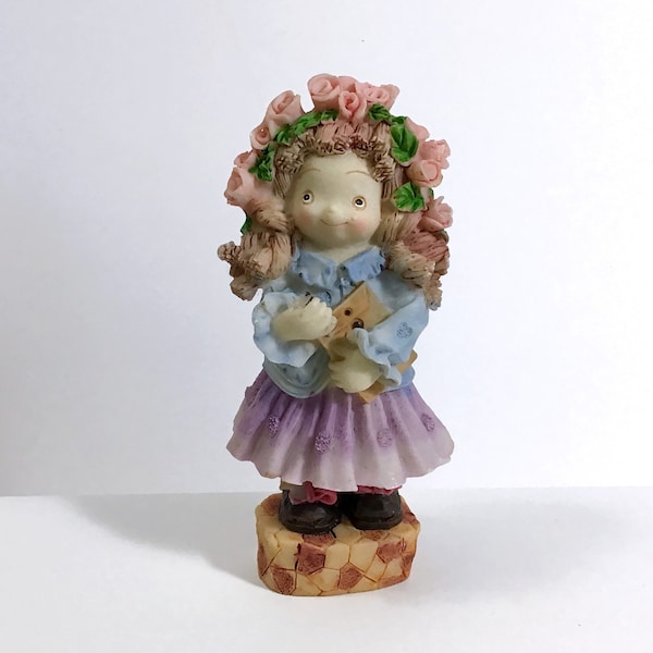 Vintage Resin Figurine of a Smiling Girl w/ Pink Roses in her Hair - Cute Kitsch Figurine in Style of Sherri Buck Baldwin, Office Desk Decor
