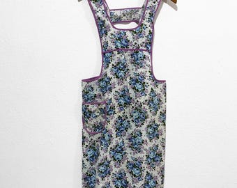 Vintage Floral Apron - Full Apron w/ Blue Roses & Purple Violets Print, 1 Pocket, and Purple Trim - Garden Smock, Foodie Baking Lover Gift