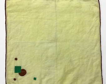 Art Deco Embroidered Pocket Square - Brown Circles & Green Squares on Yellow Handkerchief - Elegant Minimal Geometric Hanky