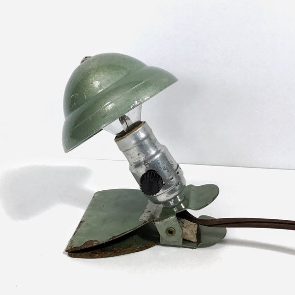 Mid-Century Leviton Industrial Clamp Light - Small Pearl Green Mushroom Lamp - Clip On Desk, Table, Bedside Reading Light, Cottagecore Light