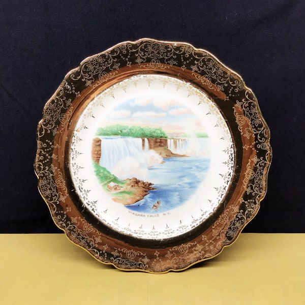Vintage Niagara Falls 8" souvenir plate with wide 22k gold filigree border by M S Products transferware collectible