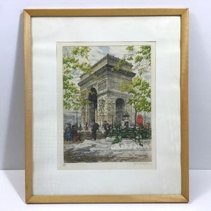 Arc De Triomphe Paris - Roger de La Broye - Vintage c.1930s Framed Hand-colored Etching - Parisian Tourist Souvenir Art Print, Home Decor
