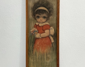 Vintage Big Eyed Girl Art by Ozz Franca - Girl in Red Dress w/ Floral Bouquet, 1965 Framed Litho Print - Cute MCM Kitsch, Retro Mod Wall Art