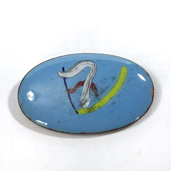 Vintage MCM Speckled Blue Enamel Oval Brooch - 19… - image 1