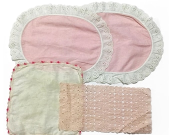 Vintage Pink & White Home Textiles - Doily, Handkerchief, Placemats - Broderie Anglaise Cutwork Eyelet Trim, Romantic Pastels Spring Summer