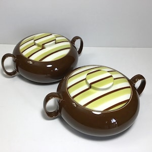 2 Vintage Miscentury 1954 WS George Ceramic Covered Dishes w/ Handles, Lids - Pair of Serving Bowls with Lime Green & Brown Deco Stripes