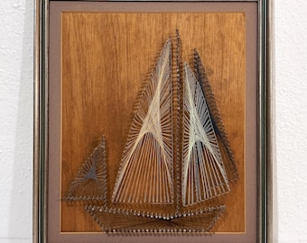 Vintage Framed String Art Picture - Sailboat w/ Pastel Yellow, Green, & Blue Thread - DIY 1970s Crafts, Rustic Folk Art, Coastal Beach Decor