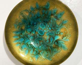 Midcentury Handmade Enamelware Bowl, Godfrey, Hildebran NC - Peacock Blue Teal & Gold - Art Nouveau Aesthetic Movement Style Decorative Bowl
