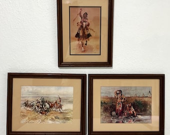 Vintage Charles M. Russell Framed Art -  “The Wild Horse Hunters” “How”& “Our Warriors Return” - Native Americans The Old West, Western Art