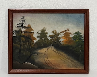Antique Framed Original Painting, Victorian Rural Landscape w/ Autumn Trees, Seasonal Rustic Primitive Art, Cabin Cottagecore Green Academia
